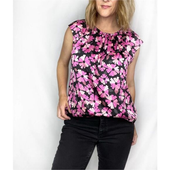 Kate Spade Wallflower Tie Neck Blouse Top Shell Pink Black Floral Printed S - Picture 4 of 7